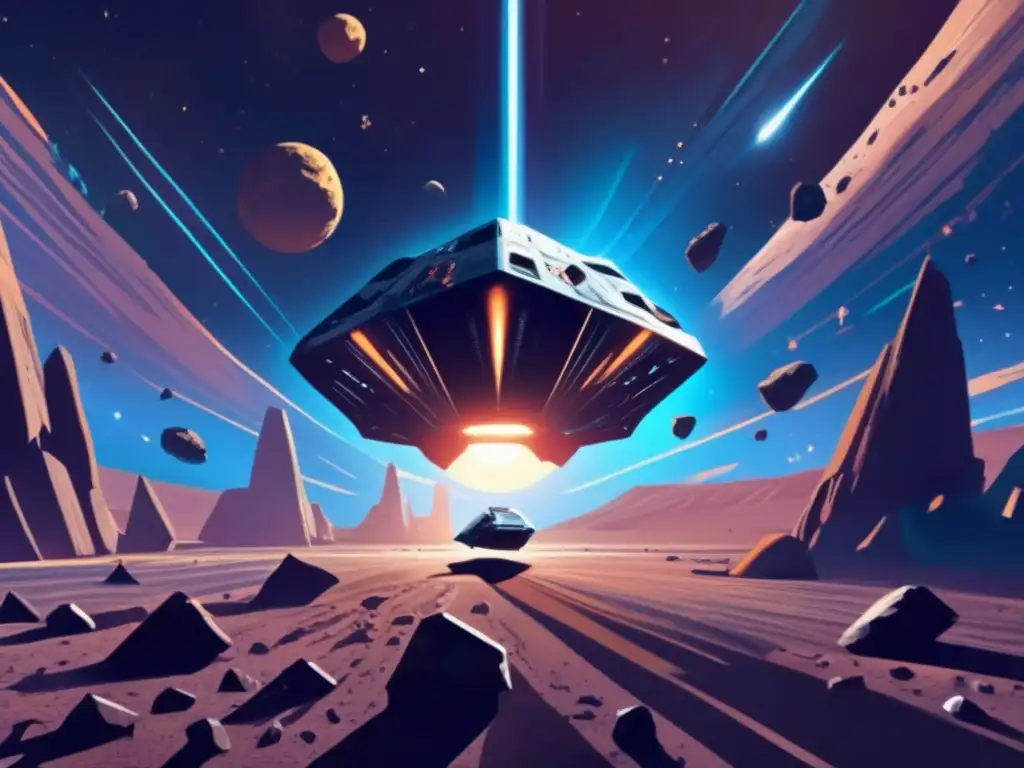 A spaceship, caught in a vast, dark chasm, surrounded by asteroids, descends towards an elongated blue sky