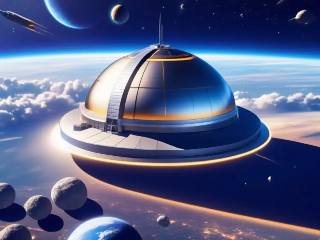 In the vastness of space, the dome stands guard as the rockets circle around, ready to defend Earth from the dangers in the universe