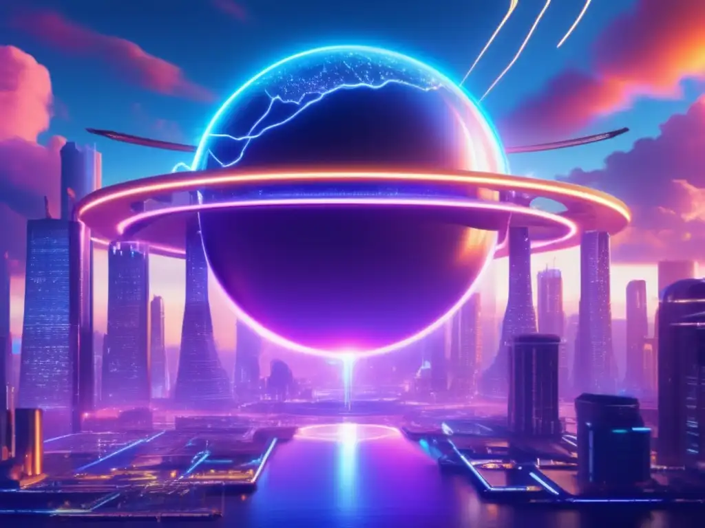 Electric Havoc Surrounds Calm Metal World A breathtaking photorealistic image of a metal world floating amidst chaotic electric havoc