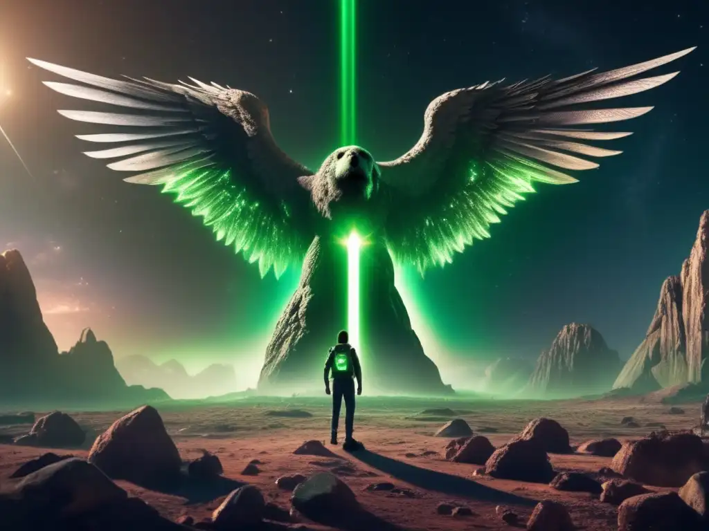 A cosmic tragedy unfolds as a giant asteroid towers above the fallen angel, its despondent gaze reflecting the heavens above