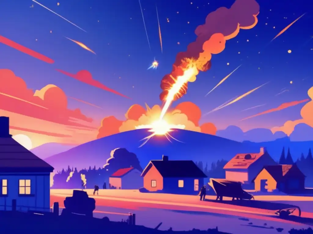 A large, glowing meteor falls from the sky, leaving a trail of smoke and destruction in its wake