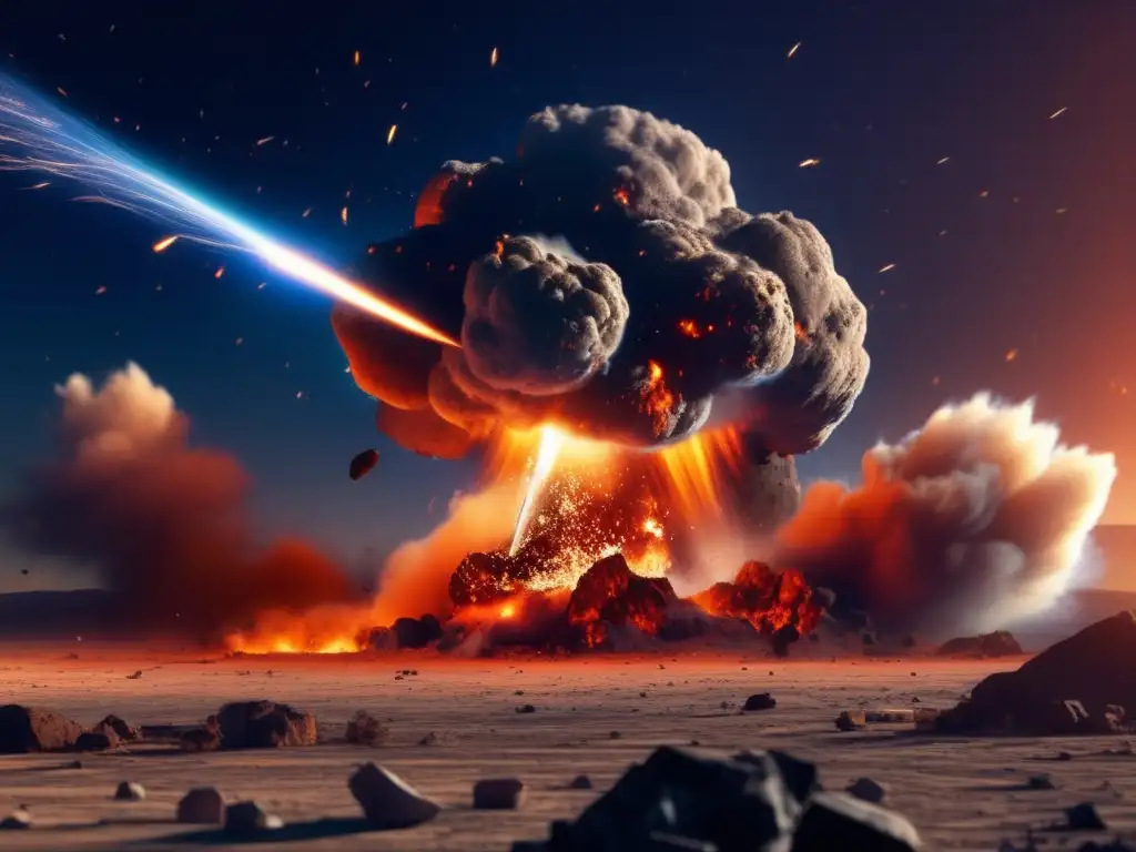 A meteor's catastrophic impact on a satellite, causing extensive damage through a fiery explosion and vivid details of explosive debris