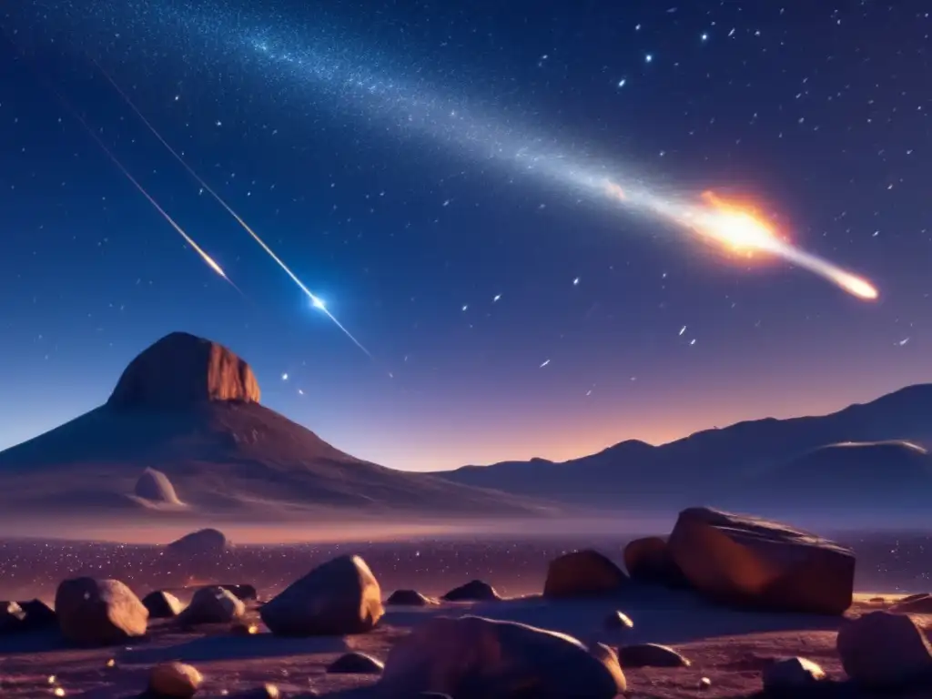Meteor Shower with Cosmic Asteroid: A Photorealistic Cosmic Exploration A stunning meteor shower illuminates the vast cosmic landscape, highlighting a small asteroid hovering in front