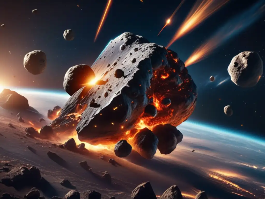 Asteroid Impact: Photorealistic Destruction in Space In this photorealistic image, a monstrous asteroid speeds through space towards Earth, spewing meteors in every direction