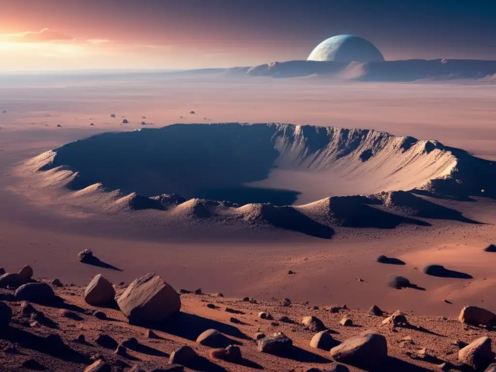 Seeking Survival: Meteor Crater Scene or Lush Exoplanet Landscape An empty, barren desert landscape with a jagged edge meteor crater surrounded by rocks and debris