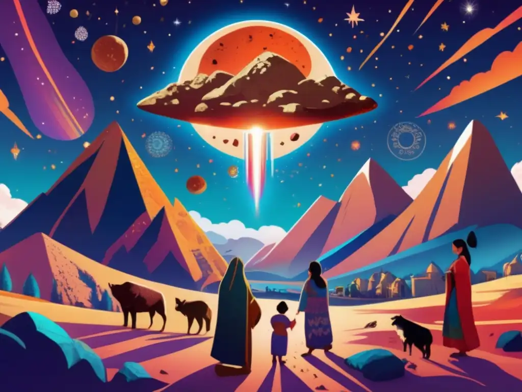 A celestial masterpiece unfolds: a meteorite plummets through the azure sky, casting an ethereal glow upon a rugged Central Asian landscape