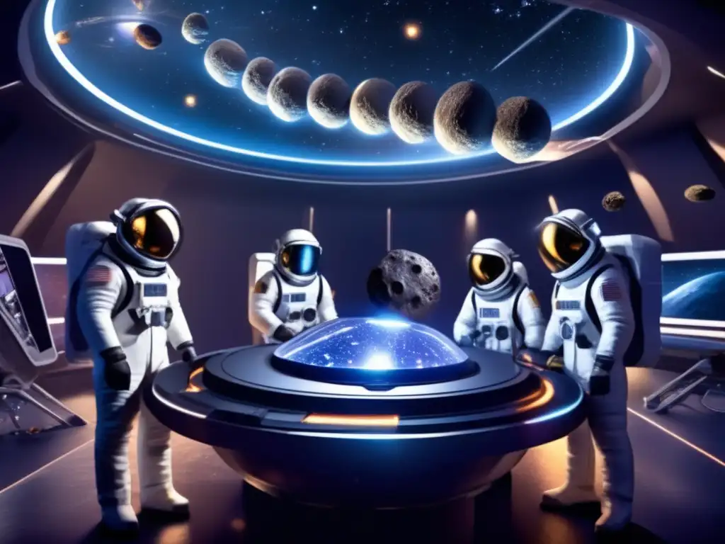 An artistically charged photorealistic image of a deep space expedition team studiously examining a cosmic meteorite labeled 'Psyche 16'