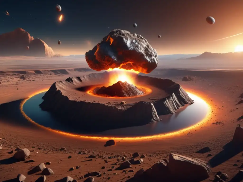 Meteorite impact on high-resolution planetary surface- A photorealistic 8k ultradetailed artwork captures the devastating impact of a meteorite on a planet