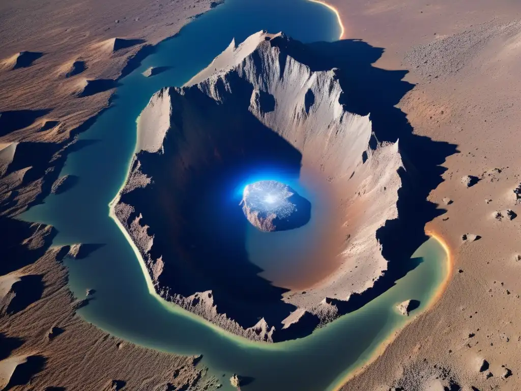 Dash: A stunning high-resolution image of a meteorite impact crater in space - jagged edges, blast scars, and ejecta visible
