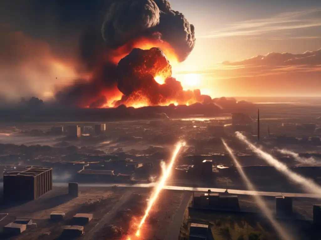 Meteorite impact on Earth's surface creates massive explosion and debris plume, damaging buildings and infrastructure