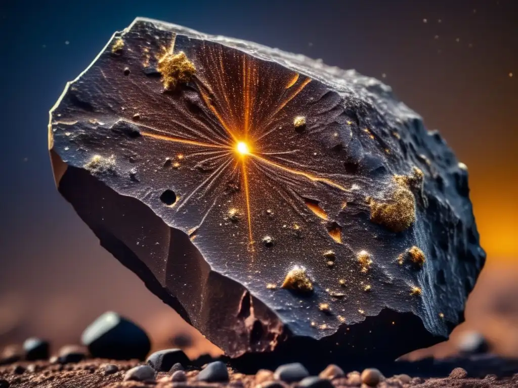 A breathtaking close-up of a meteorite, revealing intricate surface details and textures, mirroring the rich hues of its celestial origins
