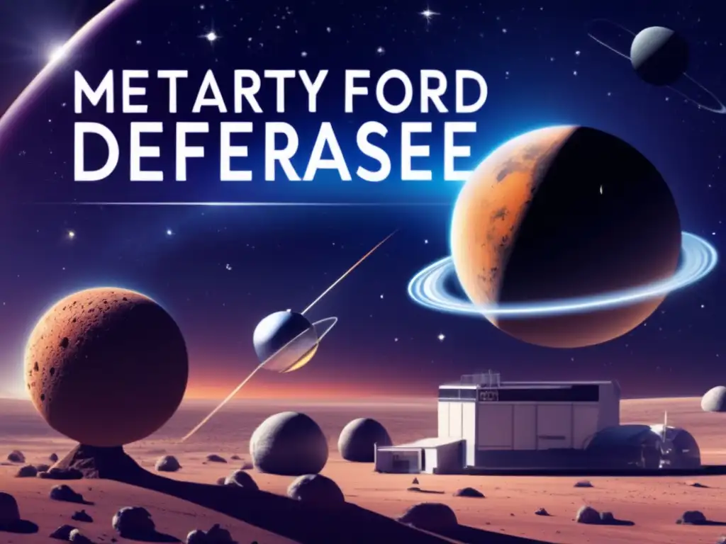 A photorealistic image of a spacethemed background with a celestial body, a satellite, and a meteoroid