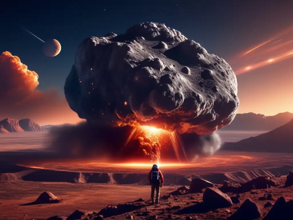 A massive asteroid descends onto Earth, leaving a huge crater in the landscape below