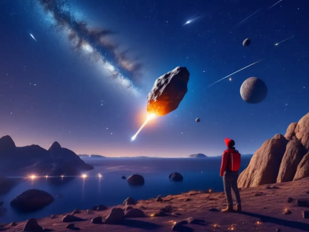 Space Wonders: Asteroid Sailing with Meteor Shower stunning views Dashing asteroid sailing through a clear sky with countless meteors showering behind, highlighting the captivating beauty of space