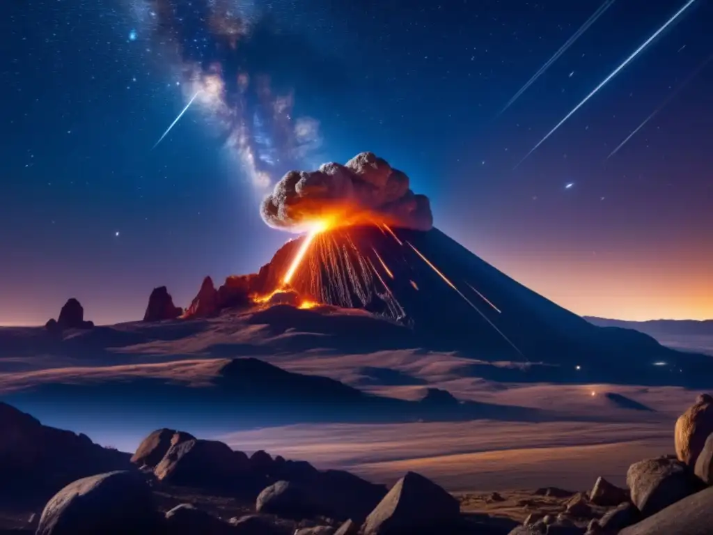 An expansive, detailed photograph of a meteor shower, with shimmering streaks of light across the sky and a massive asteroid visible in the center