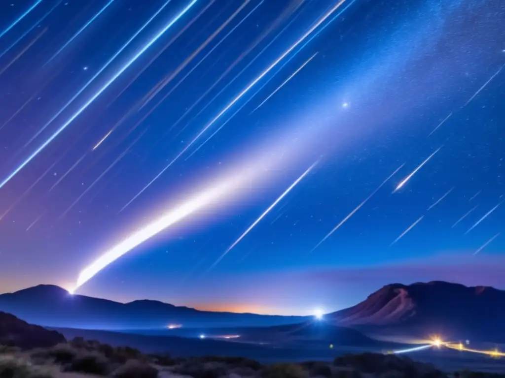 Stunning Metor Shower Explosion: Earthy Hues and Realistic Detail A stunning photorealistic image of a meteor shower explosion captures the dazzling light display and the tails of the meteors streaking across the sky