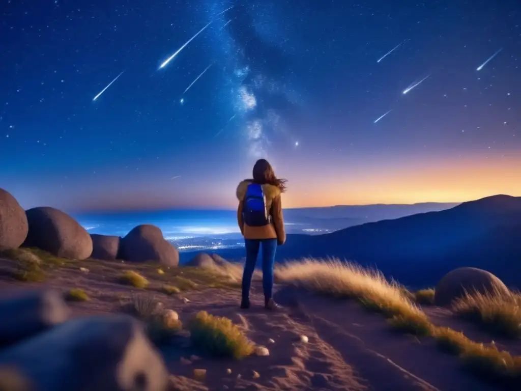 Dazzling meteor shower illuminates the night sky with streaks of light, amidst deep blue stars and galaxies