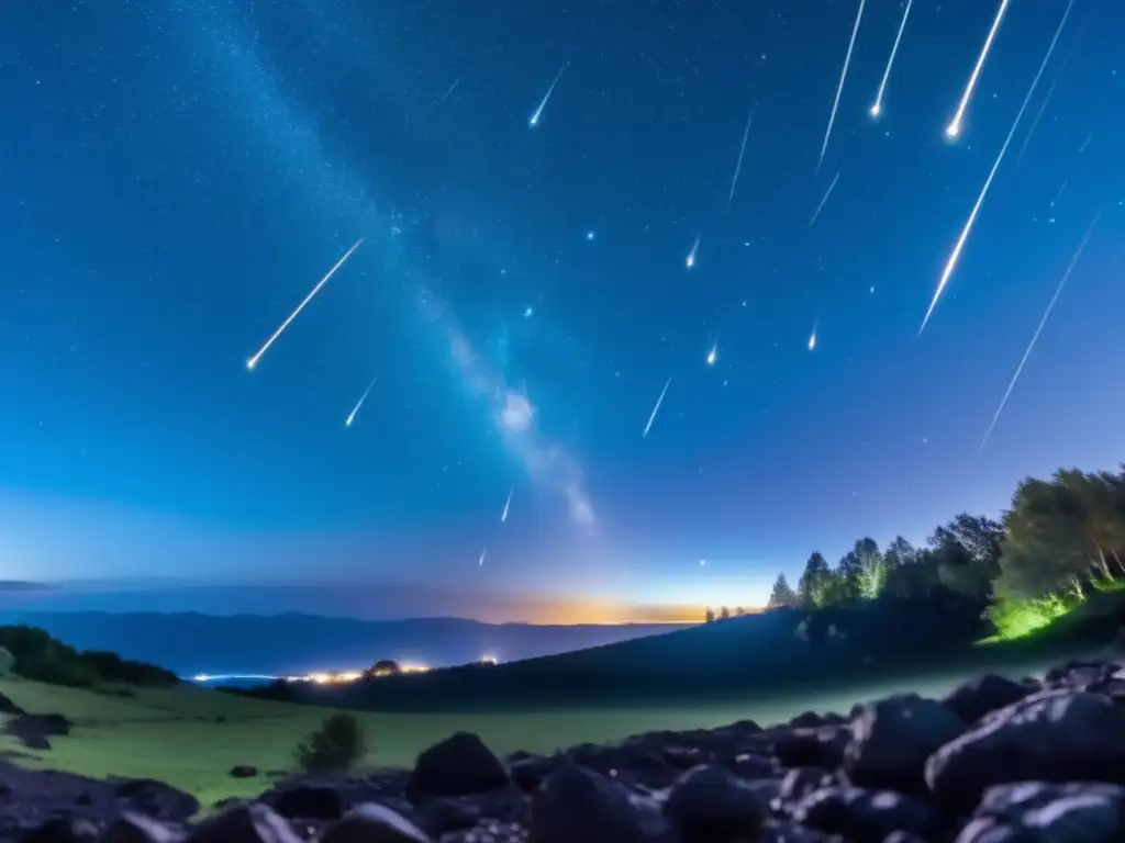 Meteor shower on the night sky -Arial view of the cosmic spectacle with meteors streaking through the sky -Shot during the San Francisco Bay Area Meteor Shower of 2020 -Vivid colors of the ozone layer and celestial objects add to the dreamlike quality of the image -The drifting meteors create a captivating texture against the deep blue-green atmosphere, making for a truly mesmerizing shot