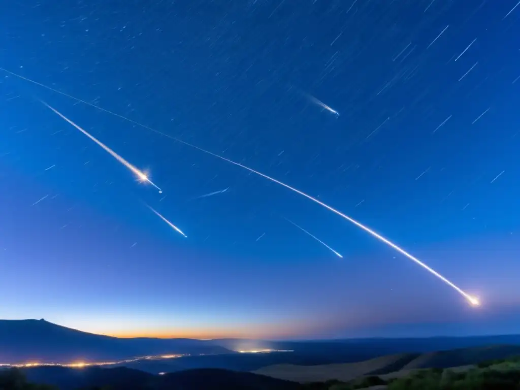 Mystical Meteor Shower: A Stunning Display of Photorealism Approaching the celestial spectacle of meteor shower, with an array of twinkling stars forming a line in the night sky-