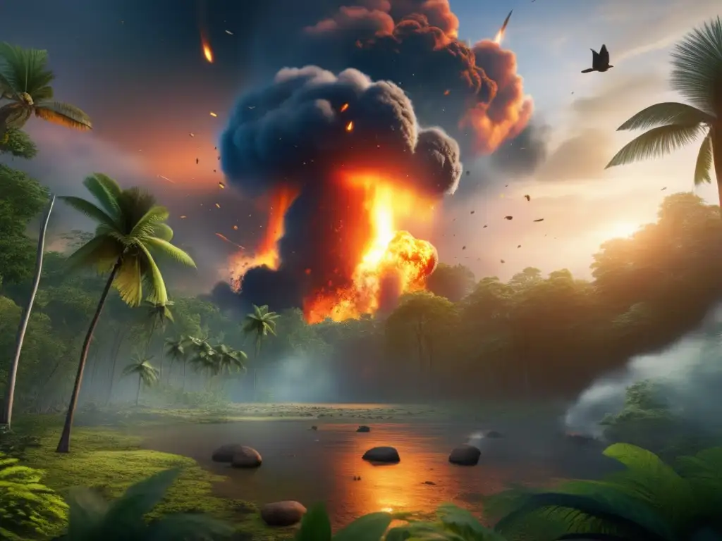 Meteor Impact: A Symphony of Sound and Chaos A photorealistic image captures the immense energy and destruction caused by a meteor impact on a lush, tropical forest