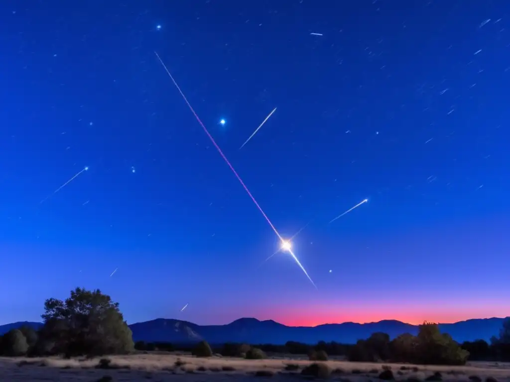 Captivating Night: Orion, Phaethon, and Meteorite Light Show A highly detailed and surreal photograph captures the beauty of the Orion constellation, with Phaethon shining as its brightest star