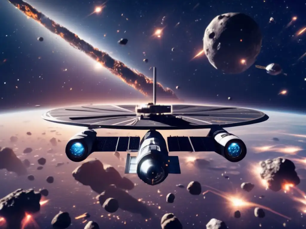 Epic Battle for the Cosmos: Space Station Strikes Back from Asteroid Threat Born in the depths of space, a photorealistic image of a space station's meteoric encounter with countless asteroids