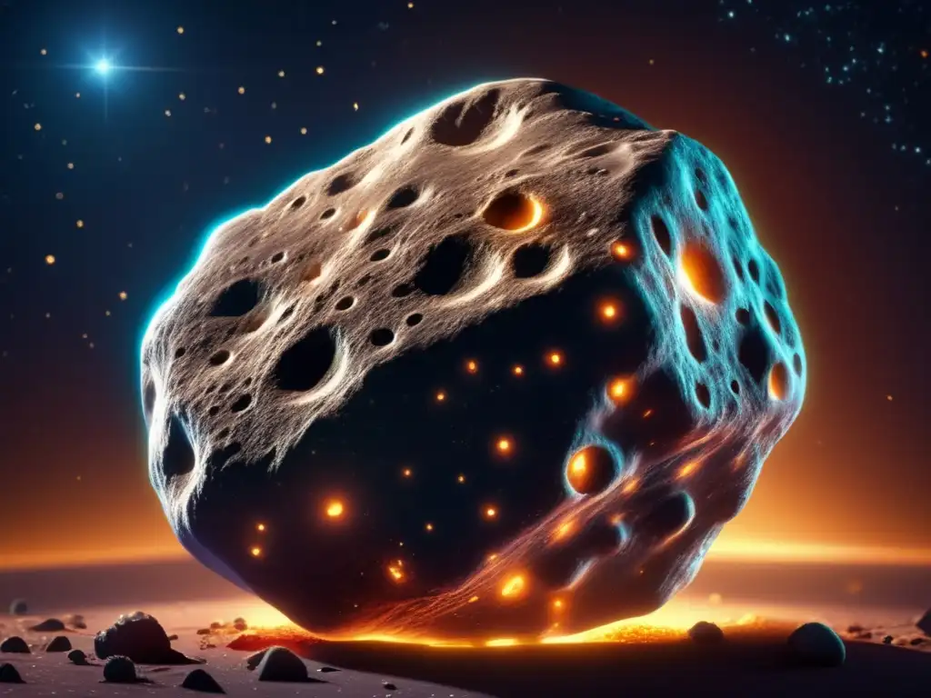 A photorealistic asteroid soars through the cosmos, radiating alien life under the glow of distant stars