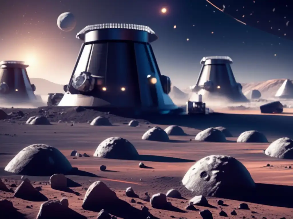 A photorealistic image of a minefield on an asteroid's surface, with extraction towers in the background