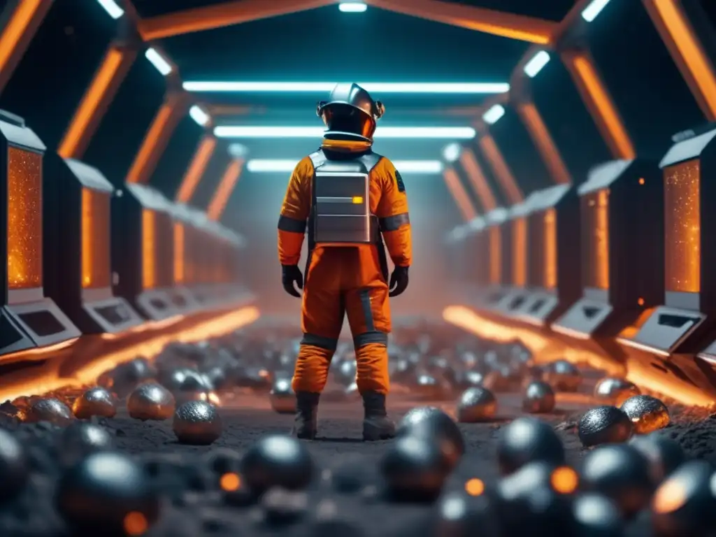 A brilliant engineer in a sleek spacesuit views a trove of illustrious mineral fragments