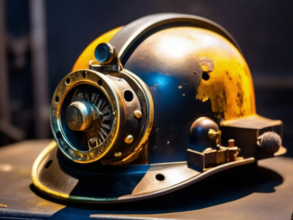 A weathered miner's helmet, with its intricate details of instruments and switches, is captured in a closeup photograph