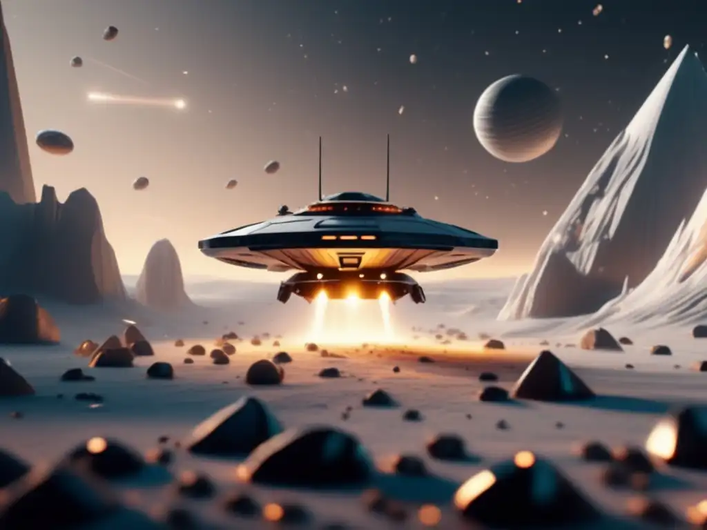  − A stunning 8k image of a miniature spaceship floating in front of a white background, surrounded by diverse asteroids with textures