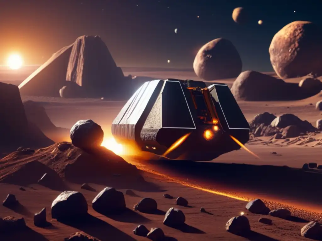 An atmospheric photorealistic image displays an asteroid brimming with mining equipment, minerals, and vehicles