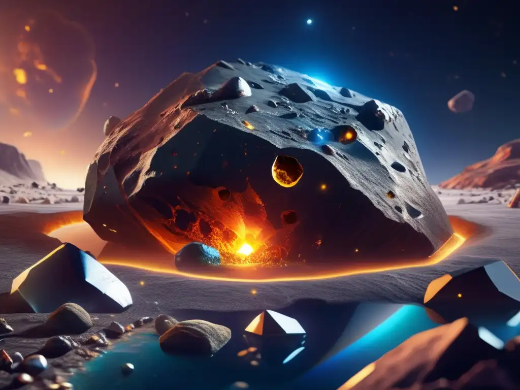 A photorealistic closeup of an asteroid with eyes, illustrating the mining process