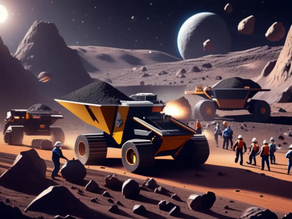 Cosmic Gold Rush: A Photorealistic Mining Operation in the Asteroid Belt A captivating photorealistic image of a bustling mining operation in the asteroid belt, with fragments of diverse asteroids dotting the background