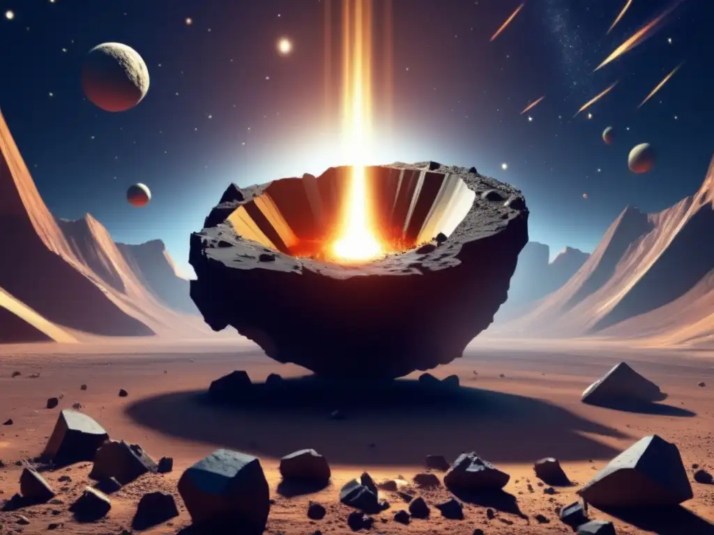 An eerie image of an asteroid, with jagged formations revealing a deep hole in its surface, battered by movement and activity