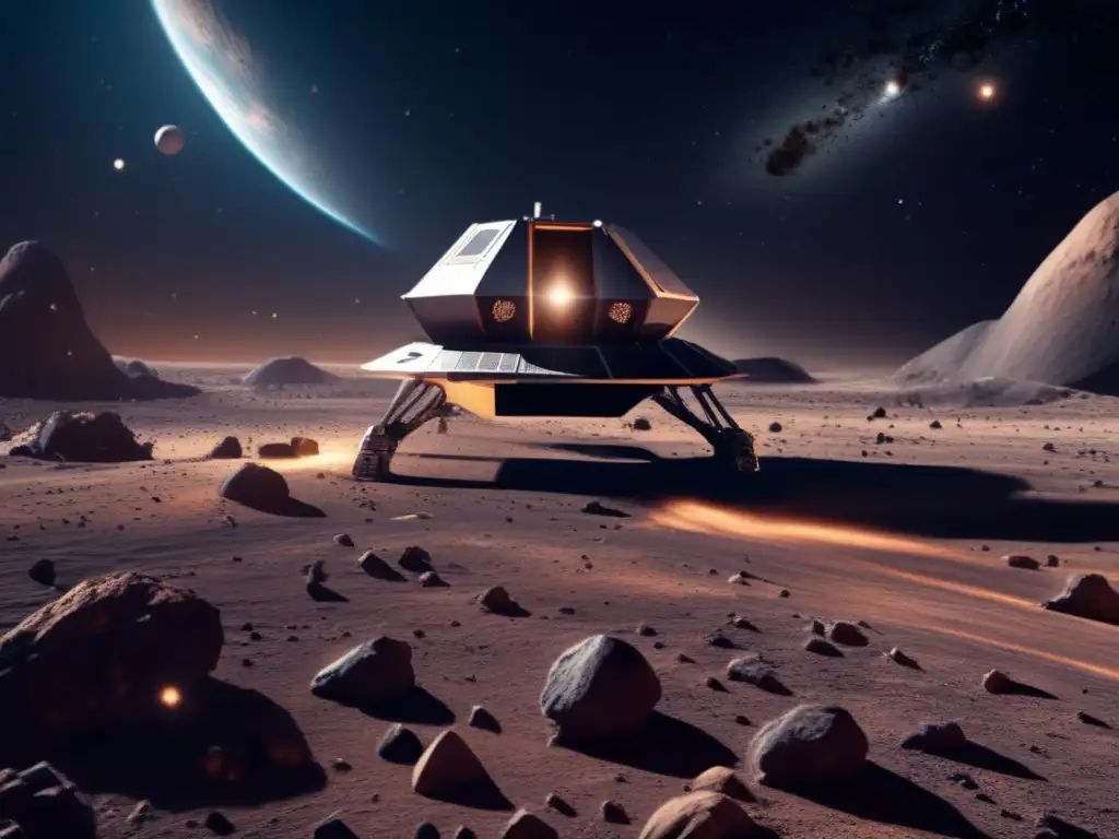 A stunning photorealistic image of an intrepid astronaut mining an asteroid, as a spacecraft lands on the barren rocky surface