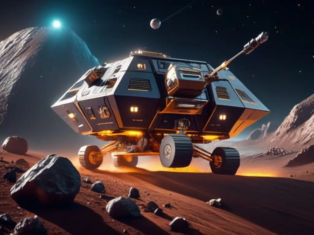 A spaceship expertly maneuvers around a massive ominous mining asteroid, its drills and equipment meticulously detailed on the asteroid's surface, hinting at the valuable resources lurking within