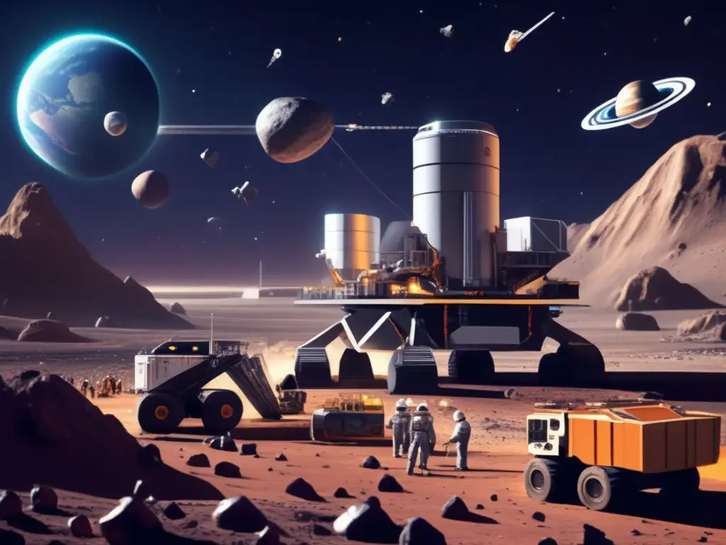 A stunning photorealistic image captures the hustle of an asteroid mining facility, surrounded by other asteroids in space