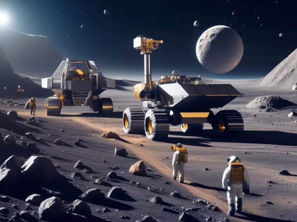 Remote Mining Oasis: Lunar Asteroid Colony at Work Miners in bulky suits work tirelessly on a massive asteroid, excavating valuable resources as the rugged lunar surface glimmers in the background