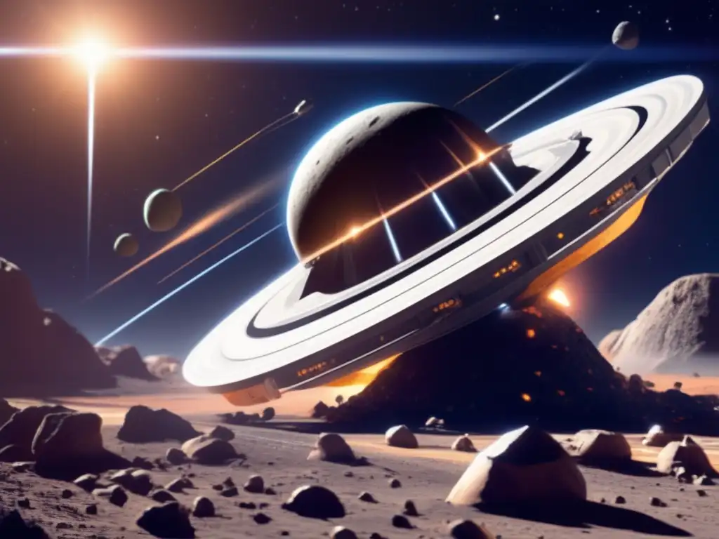 Dash-%s- Photorealistic depiction of a mining spacecraft in a dense asteroid belt