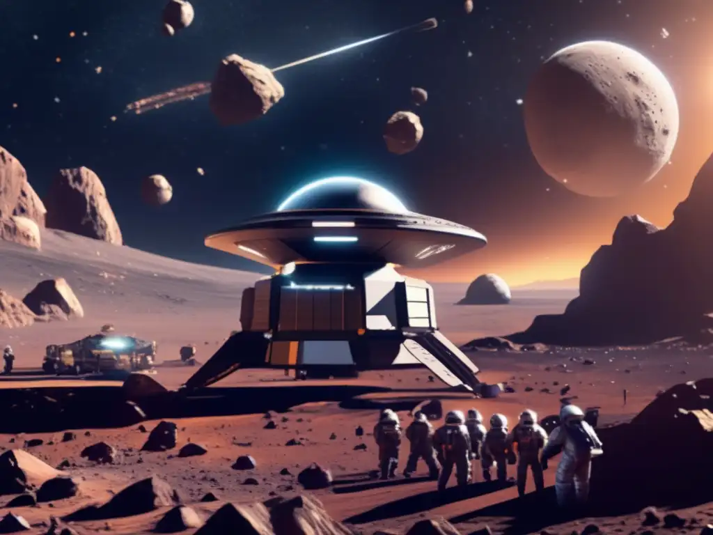 In this stunning photorealistic image, a bustling mining space station is surrounded by a sea of asteroids