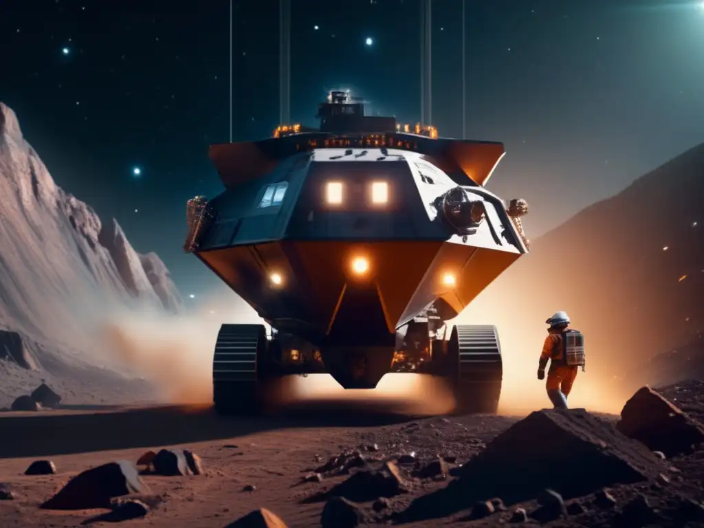 Discover the vastness of space with this ultradetailed and photorealistic image of a mining vessel meticulously exploring an asteroid mine