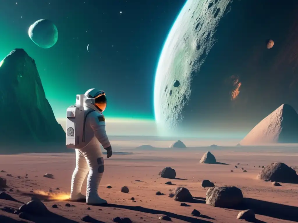 A breathtaking view of Misenus Asteroid, towering over a bluegreen planet with a white scientific spacecraft hovering around, scrutinizing its craters and features, and an astrobiologist in the foreground, exploring the possibilities of life beyond Earth