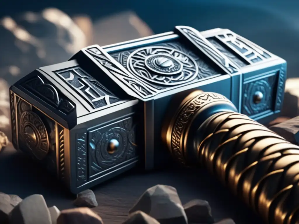 Mjolnir, the divine weapon of Thor, glows ominously against the dark sky of Asgard