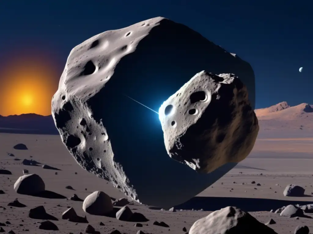 A close-up view of the 2004 MN4 asteroid as it narrowly misses Earth, with a detailed image of its surface and monitoring equipment