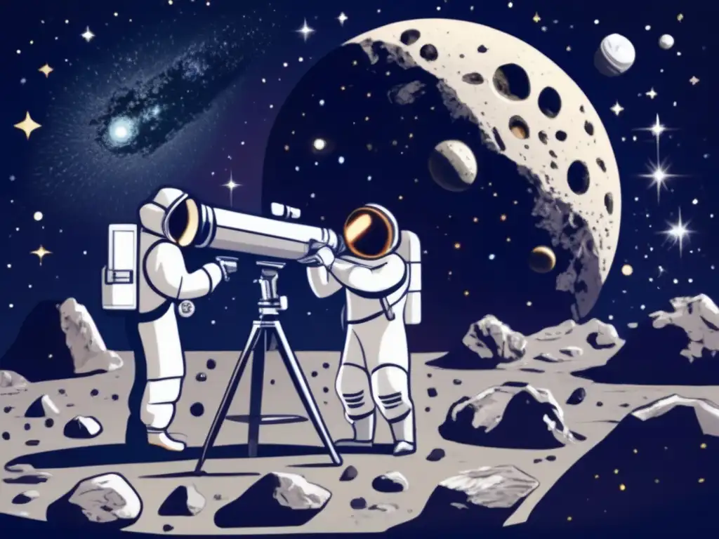 A modern astronomer captures a detailed image of a glowing, rocky asteroid through a telescope, while an astronaut holds a sample on a metallic plate