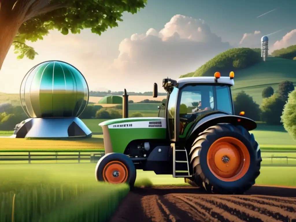 A stunning photorealistic image of a modern tractor, connected by intricate wires and systems, showing off its capabilities