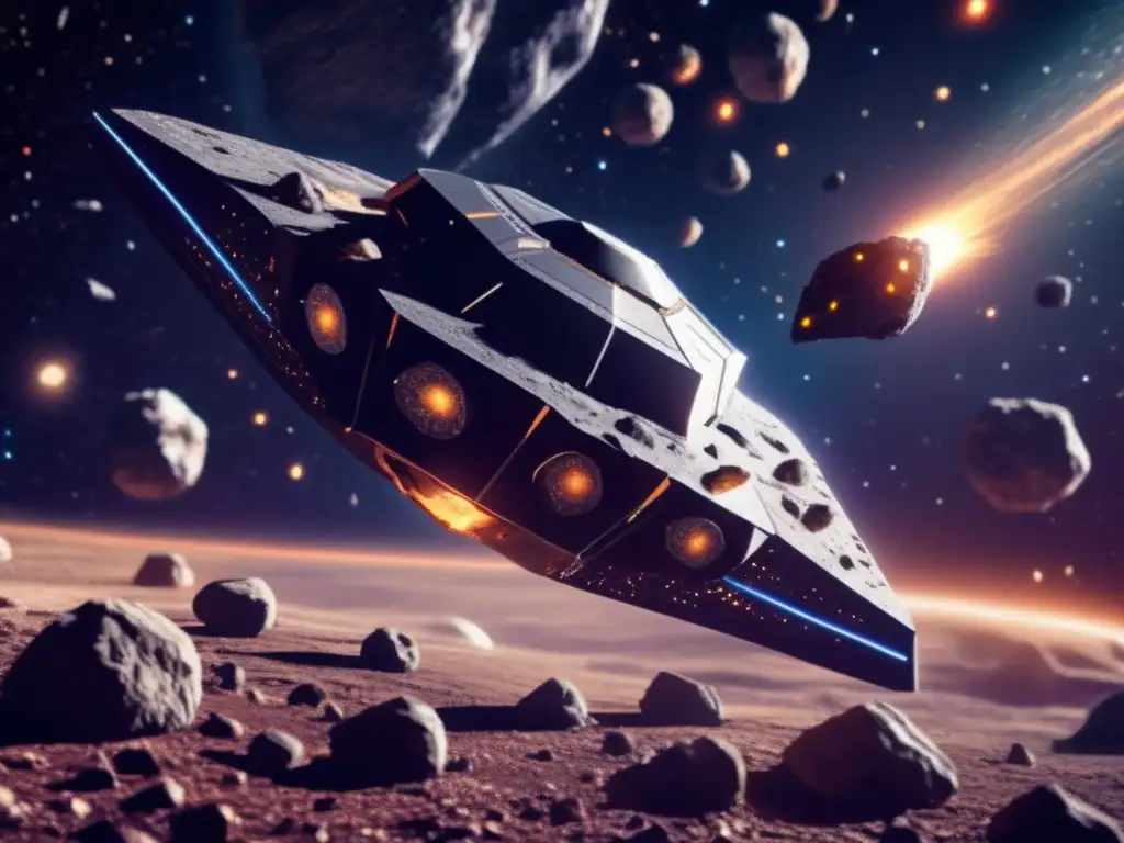 Dash: A photorealistic depiction of a modern spaceship mining an asteroid in stunningly detailed -80 characters