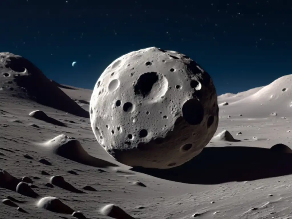 A photorealistic asteroid glaucus near the moon, irregularities and grooves visible under the natural lighting of the moon and surrounding stars