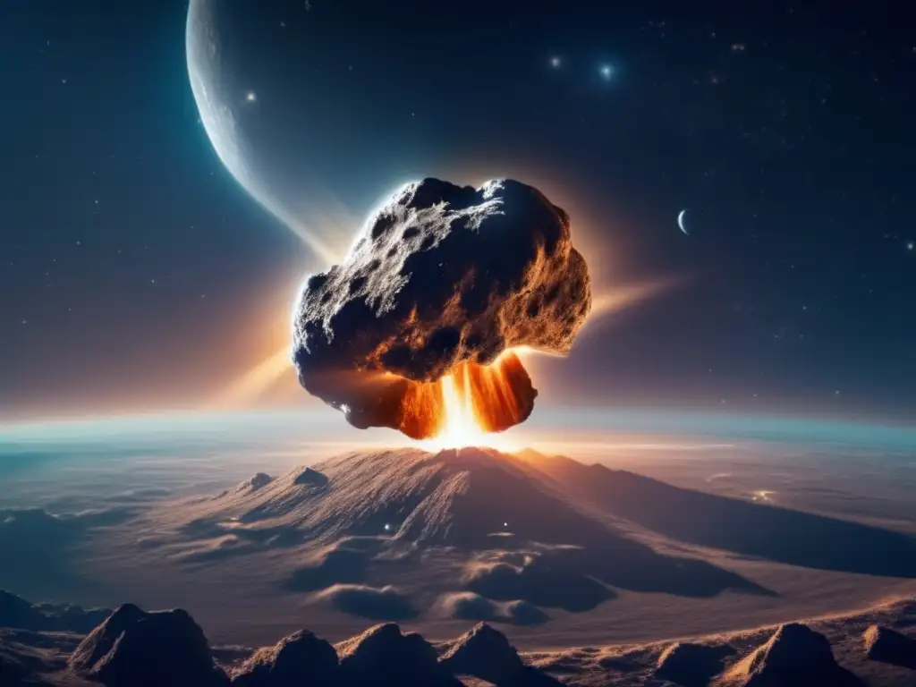 A breathtaking image of a colossal asteroid gracefully moving through outer space, its surface glowing brilliantly under the ethereal moonlight